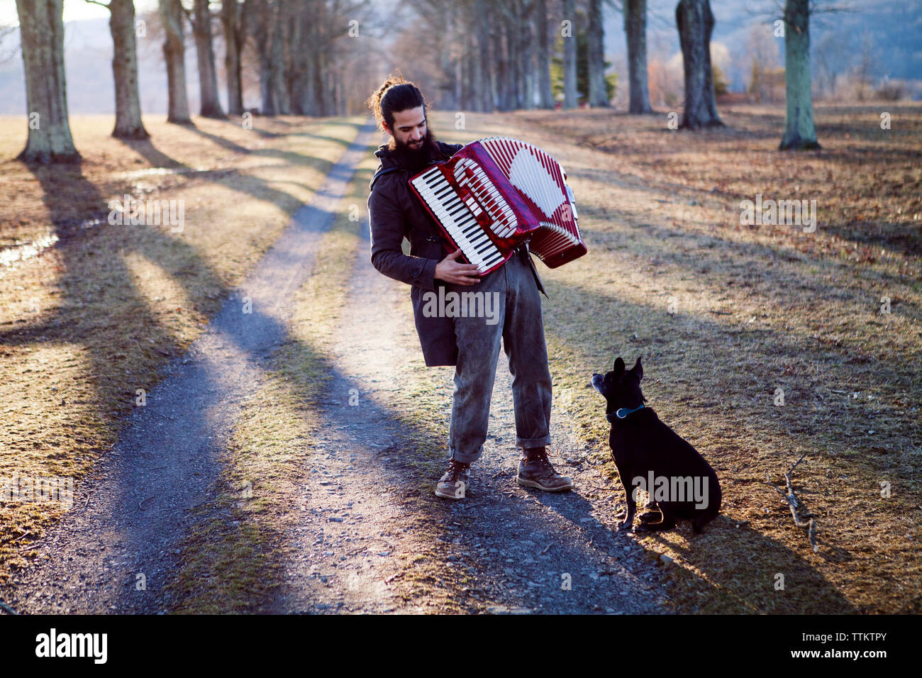Lunghezza completa di uomo a suonare la fisarmonica mentre dog sitter sul campo durante le vacanze Foto Stock