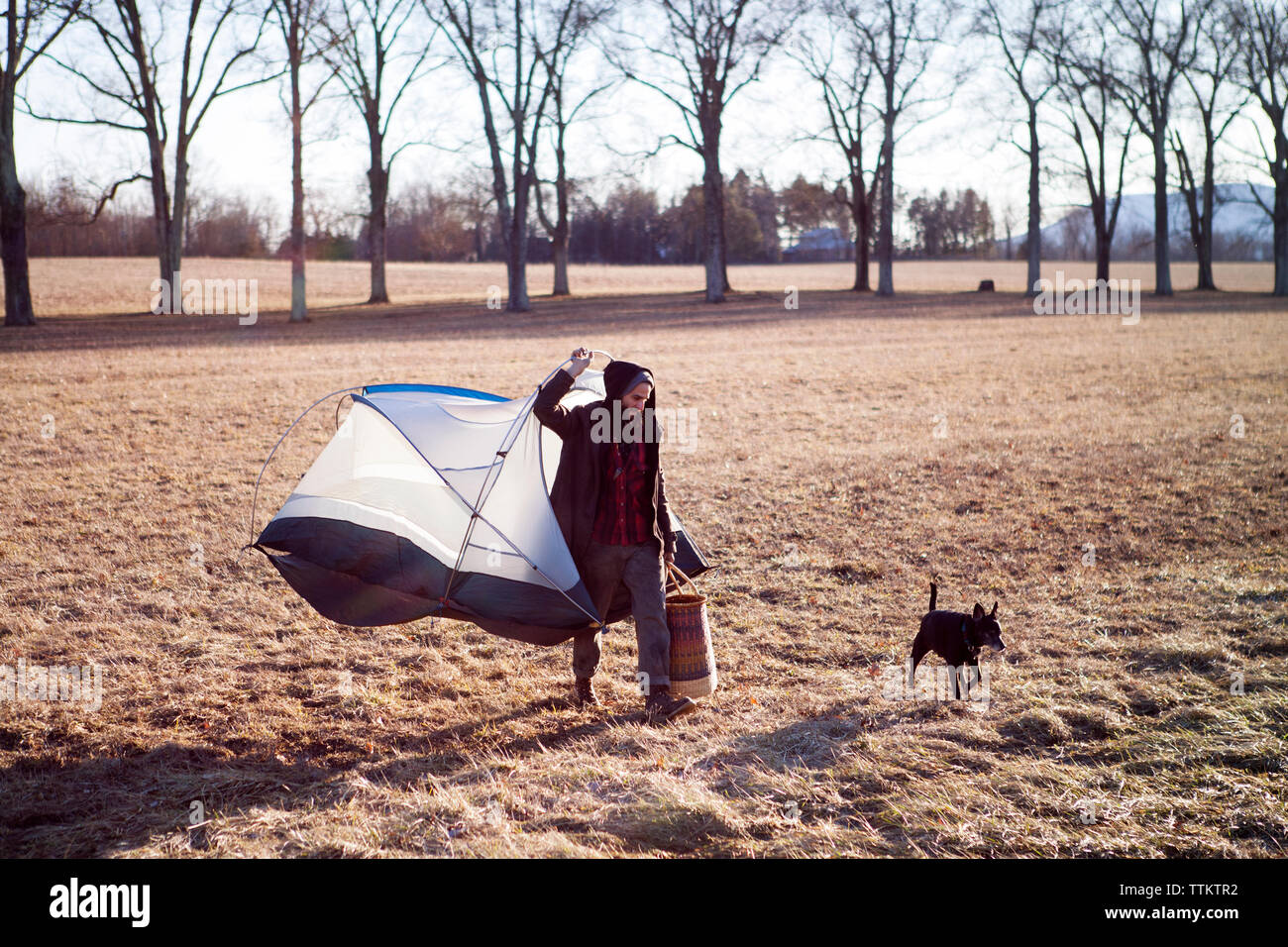 Lunghezza completa di uomo che porta tenda portatile mentre passeggiate con il cane sul campo Foto Stock