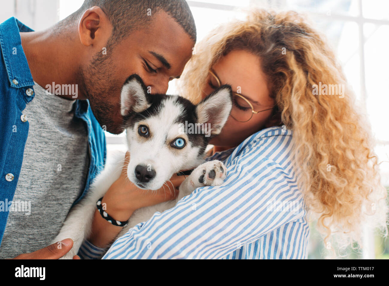 Multi-etnico giovane kissing Siberian Husky a casa Foto Stock