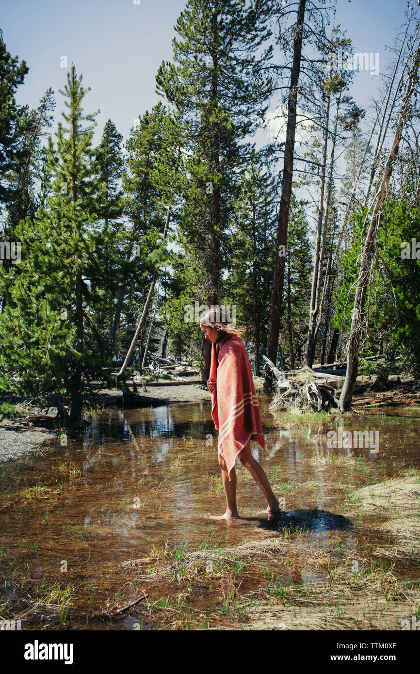 Donna avvolta in una coperta a piedi sul campo bagnato contro alberi presso il Parco Nazionale di Yellowstone Foto Stock