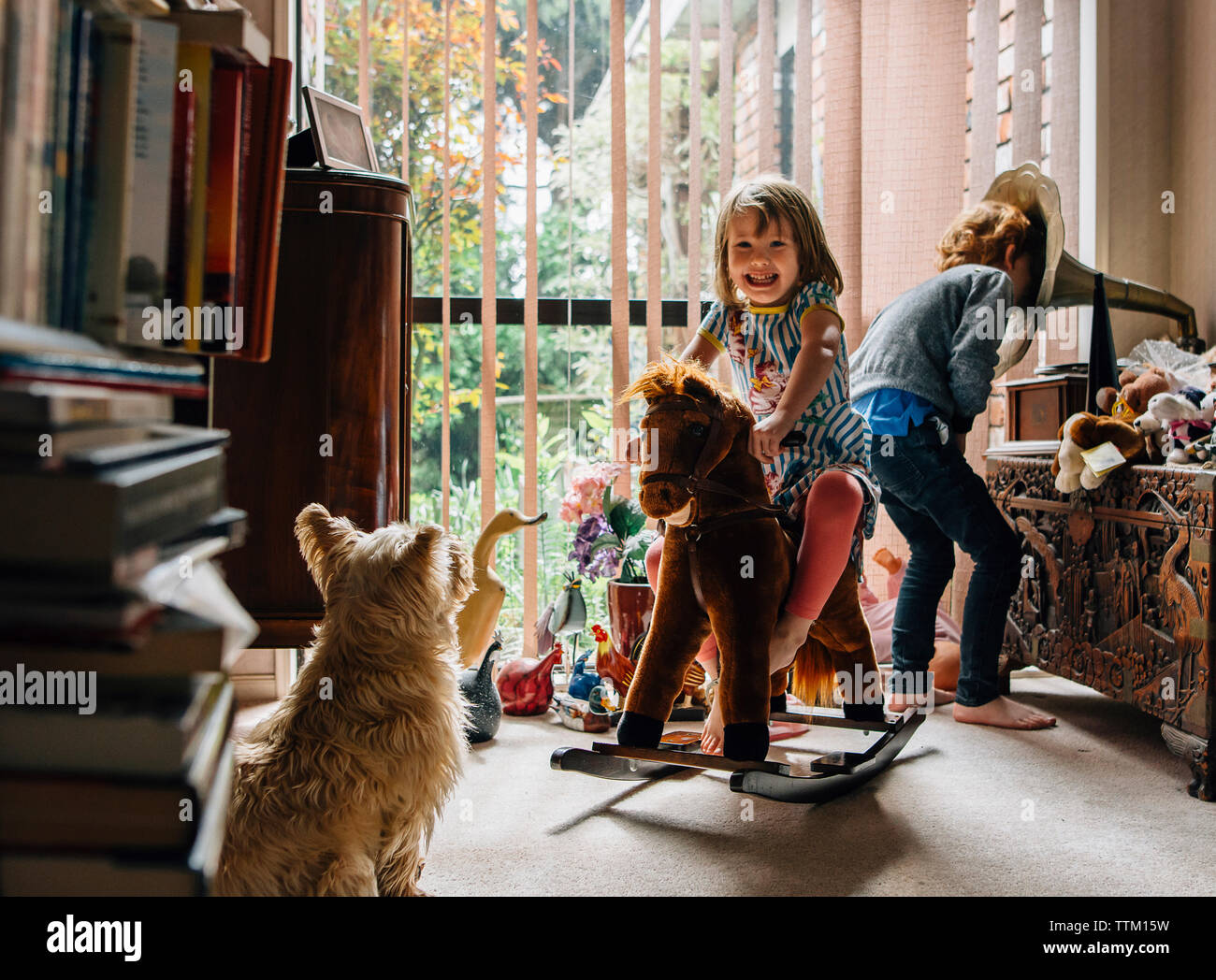 Felici i fratelli a giocare a casa con il cane seduto in primo piano Foto Stock