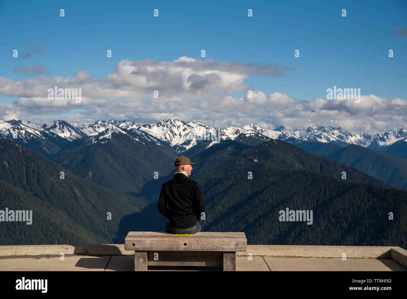 Vista posteriore di un uomo guarda montagne dalle vette innevate mentre è seduto su un banco di lavoro presso il Parco Nazionale di Olympic Foto Stock