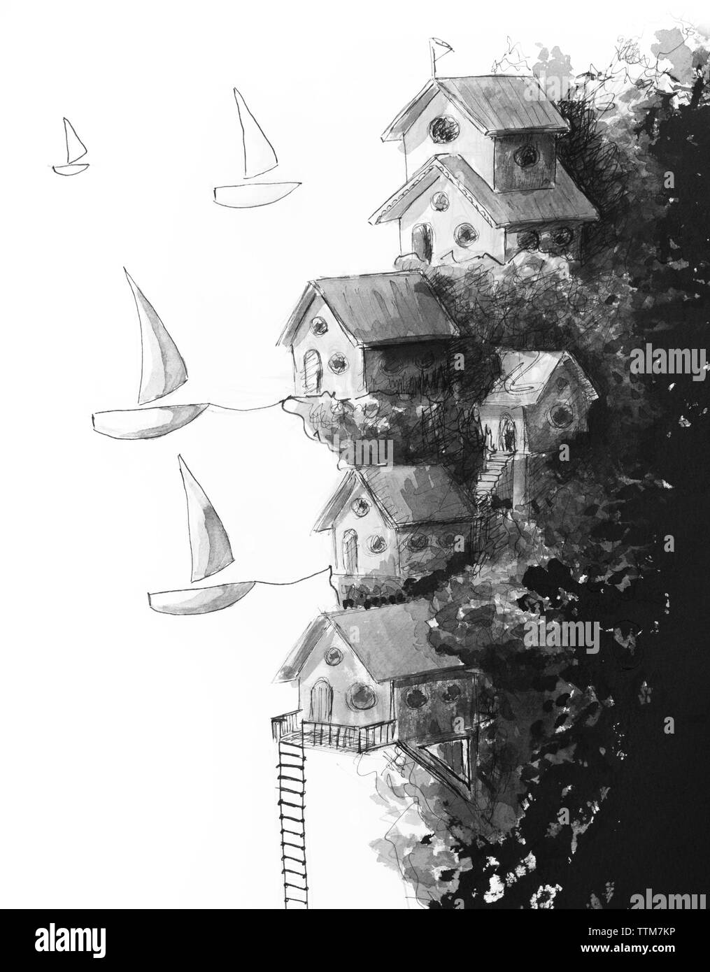 Artistico pittura surreale delle case e delle barche a vela Foto Stock