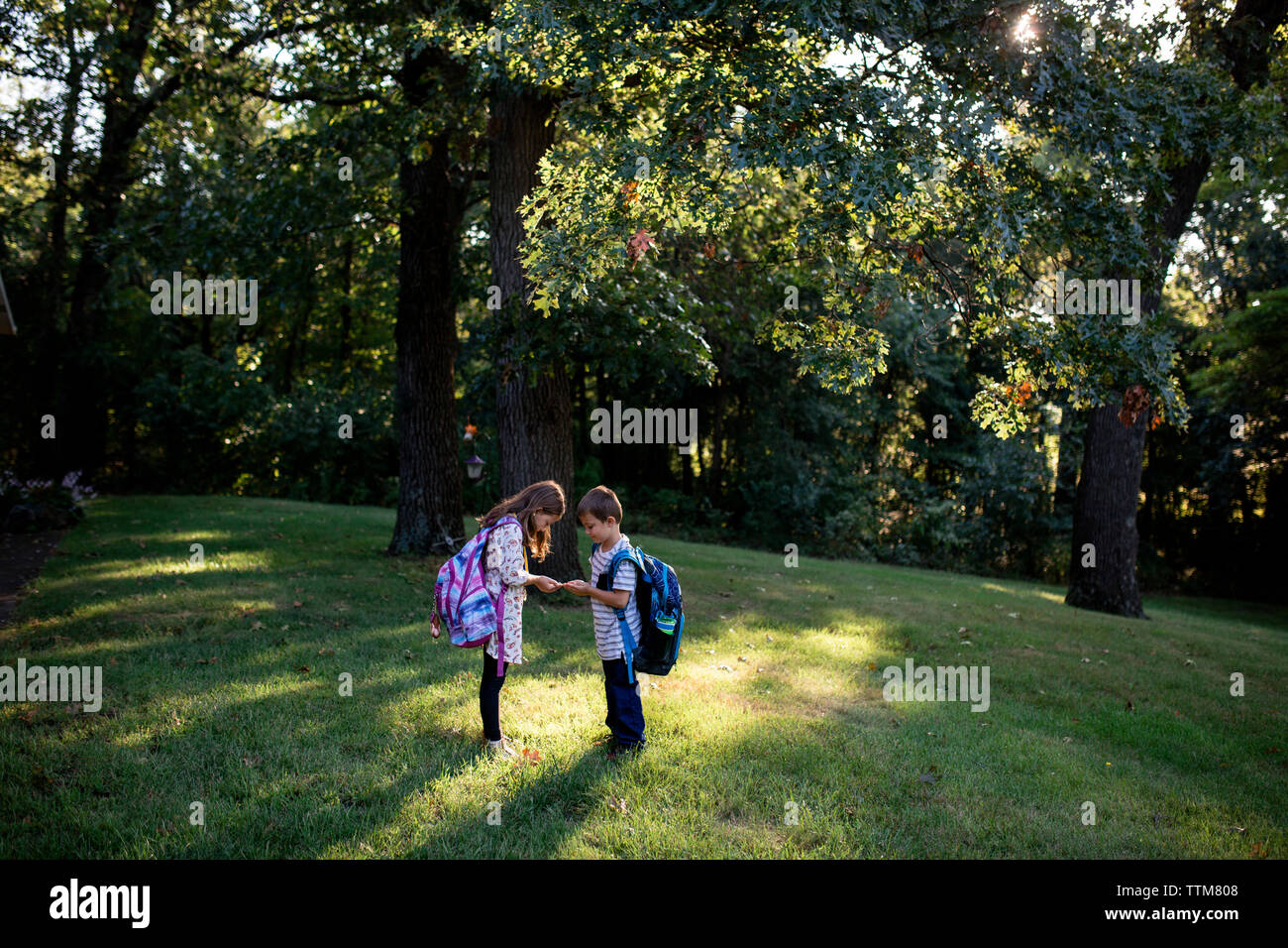 Un ragazzo e una ragazza fratelli germani in attesa per il bus di scuola sunny clear mattina Foto Stock