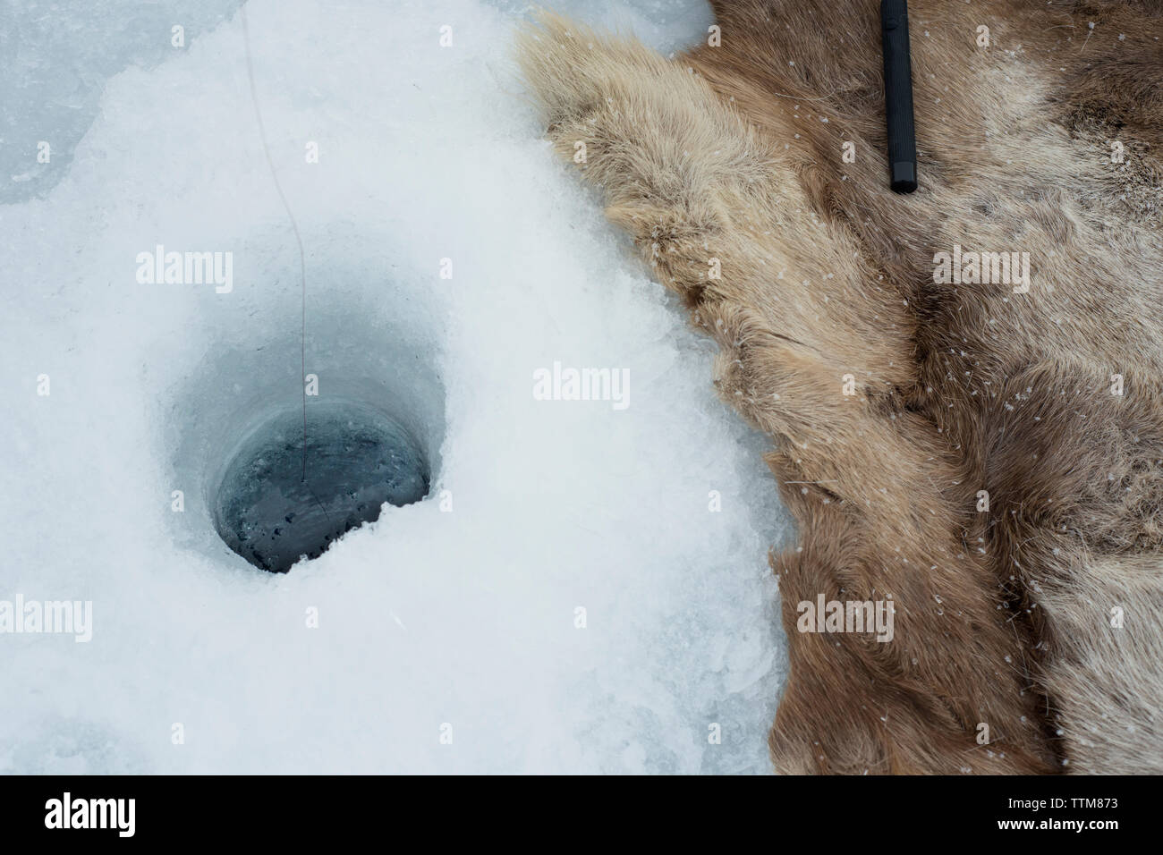 Angolo di Alta Vista del tappeto da pesca sul ghiaccio foro Abisko National Park Foto Stock