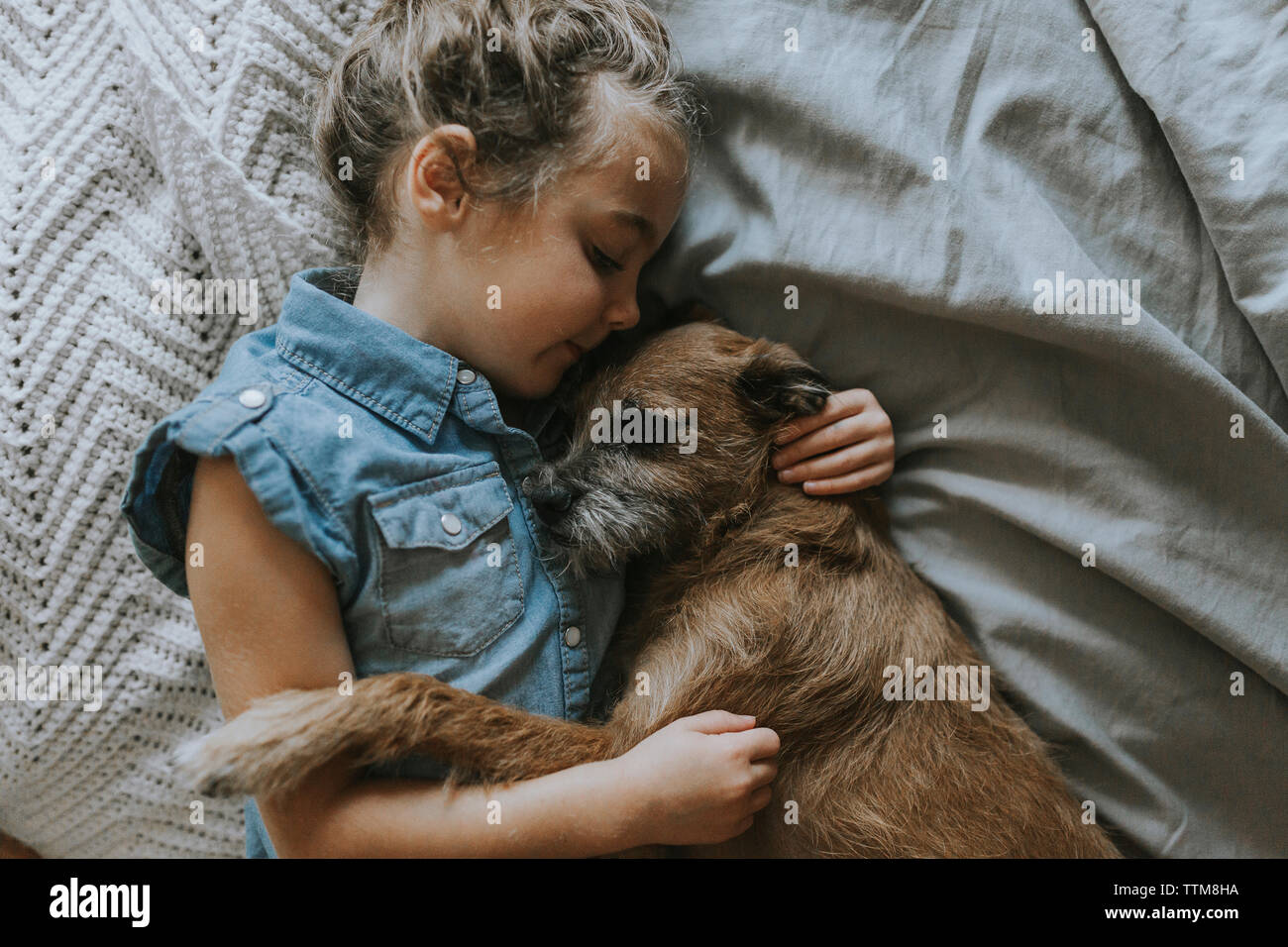 Angolo di Alta Vista della ragazza dorme con schnauzer sul letto Foto Stock