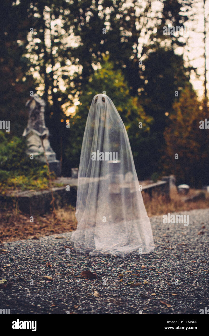 La doppia esposizione del ragazzo in costume fantasma contro alberi al cimitero durante il periodo di Halloween Foto Stock