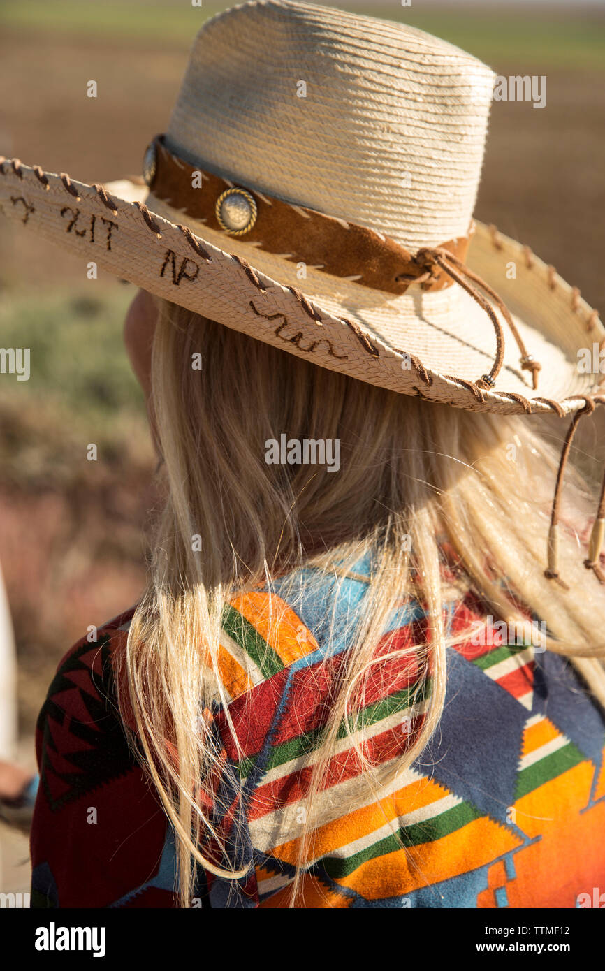 Stati Uniti d'America, Nevada, pozzi, Fondatore Madeleine Pickens conduce un carro Horse-Drawn Ride al Mustang monumento, un lusso sostenibile eco friendly resort e preserv Foto Stock