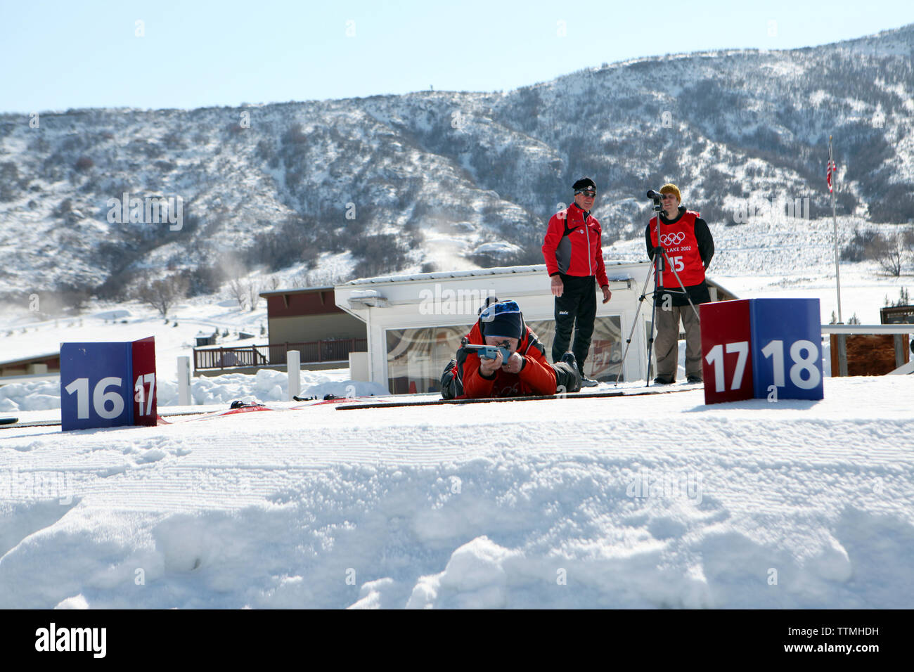 Stati Uniti d'America, Utah, Midway, soldato cava, imparare a gare di Biathlon, tiro e obiettivi di avvistamento Foto Stock