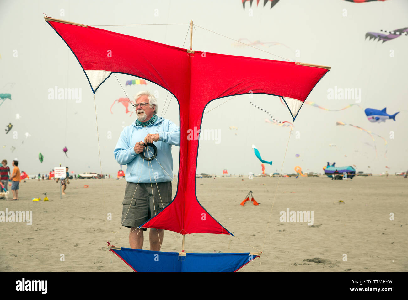 Stati Uniti d'America, nello Stato di Washington, spiaggia lunga penisola, International Kite Festival, Jim giorno con il suo blu e rosso riproduzione di un 1920's design Foto Stock