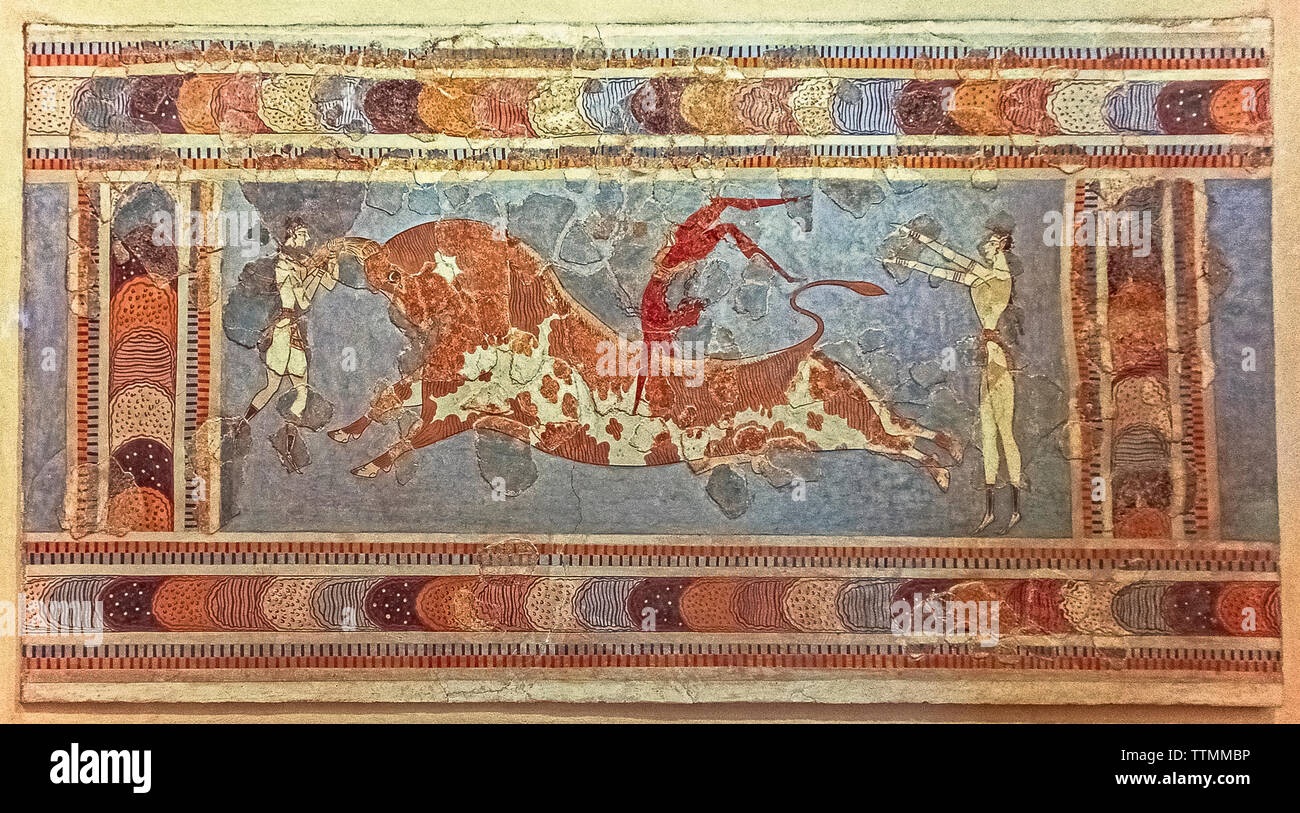 Grecia Creta, Heraklion Museo Archeologico - Affresco del grande Palazzo di Cnosso - Bull saltando Foto Stock