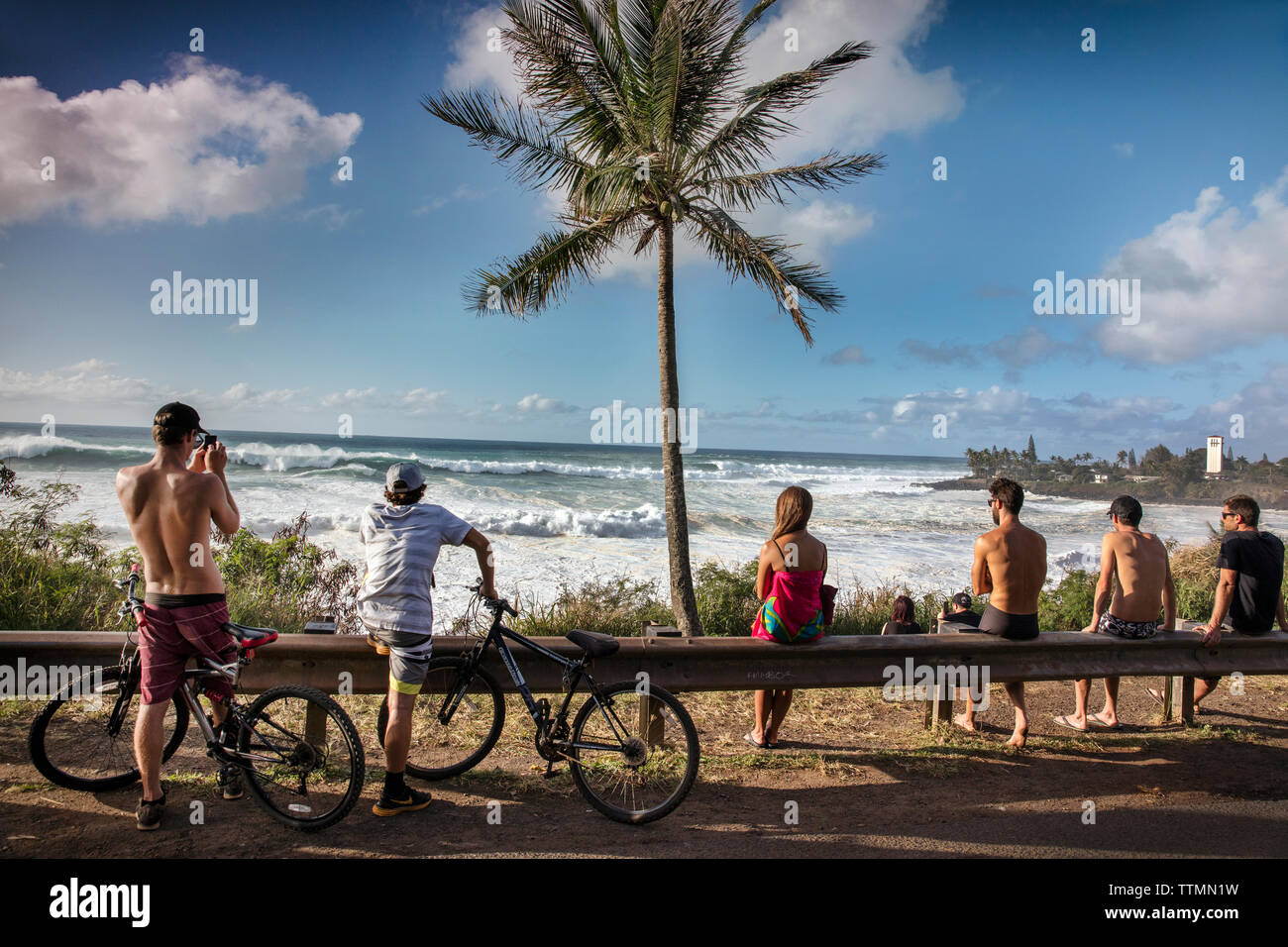 HAWAII, Oahu, North Shore spettatori guardando il grande si gonfiano le onde in rotolamento sulla sponda nord Foto Stock
