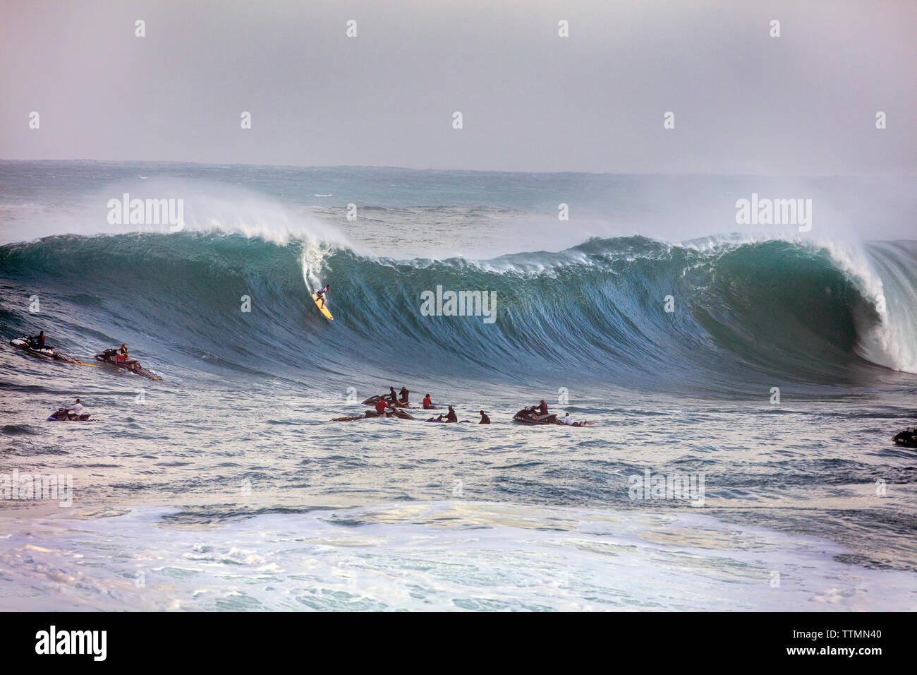 HAWAII, Oahu, North Shore Eddie Aikau, 2016 surfers competere nel Eddie Aikau 2016 big wave surf concorrenza, Waimea Bay Foto Stock