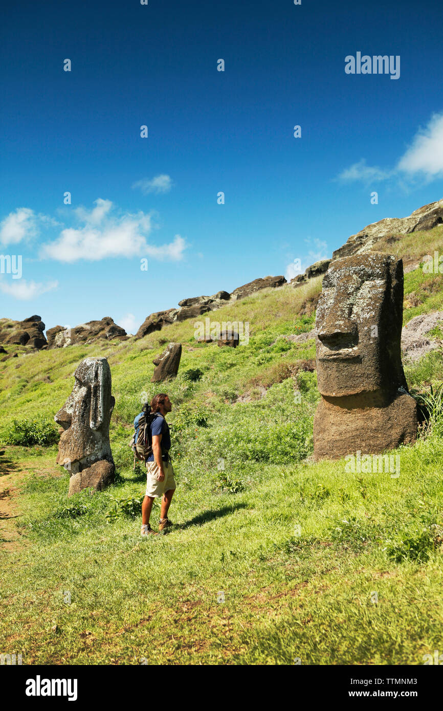 L'ISOLA di pasqua, CILE, Isla de Pascua, Rapa Nui, Rano Raraku è un cratere vulcanico sulle pendici inferiori di Terevaka, che fornisce quasi il 95% dell'isola Foto Stock