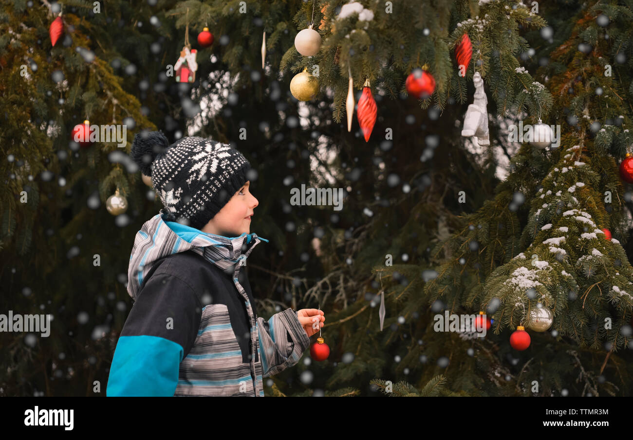 Ragazzo giovane albero di decorazione all'aperto con le palle di Natale nella neve. Foto Stock