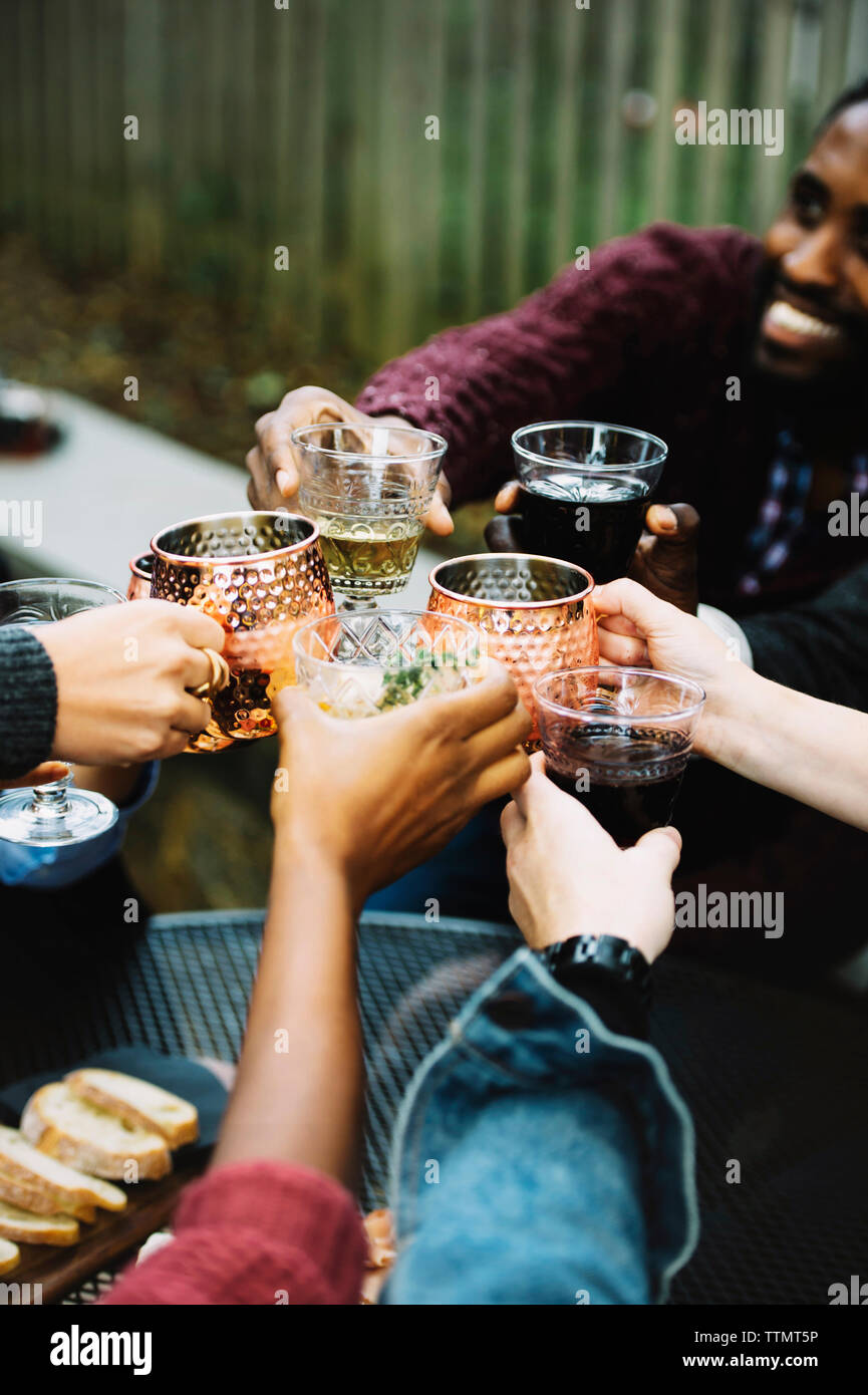 Immagine ritagliata di amici tostare un drink seduti nel cortile posteriore Foto Stock