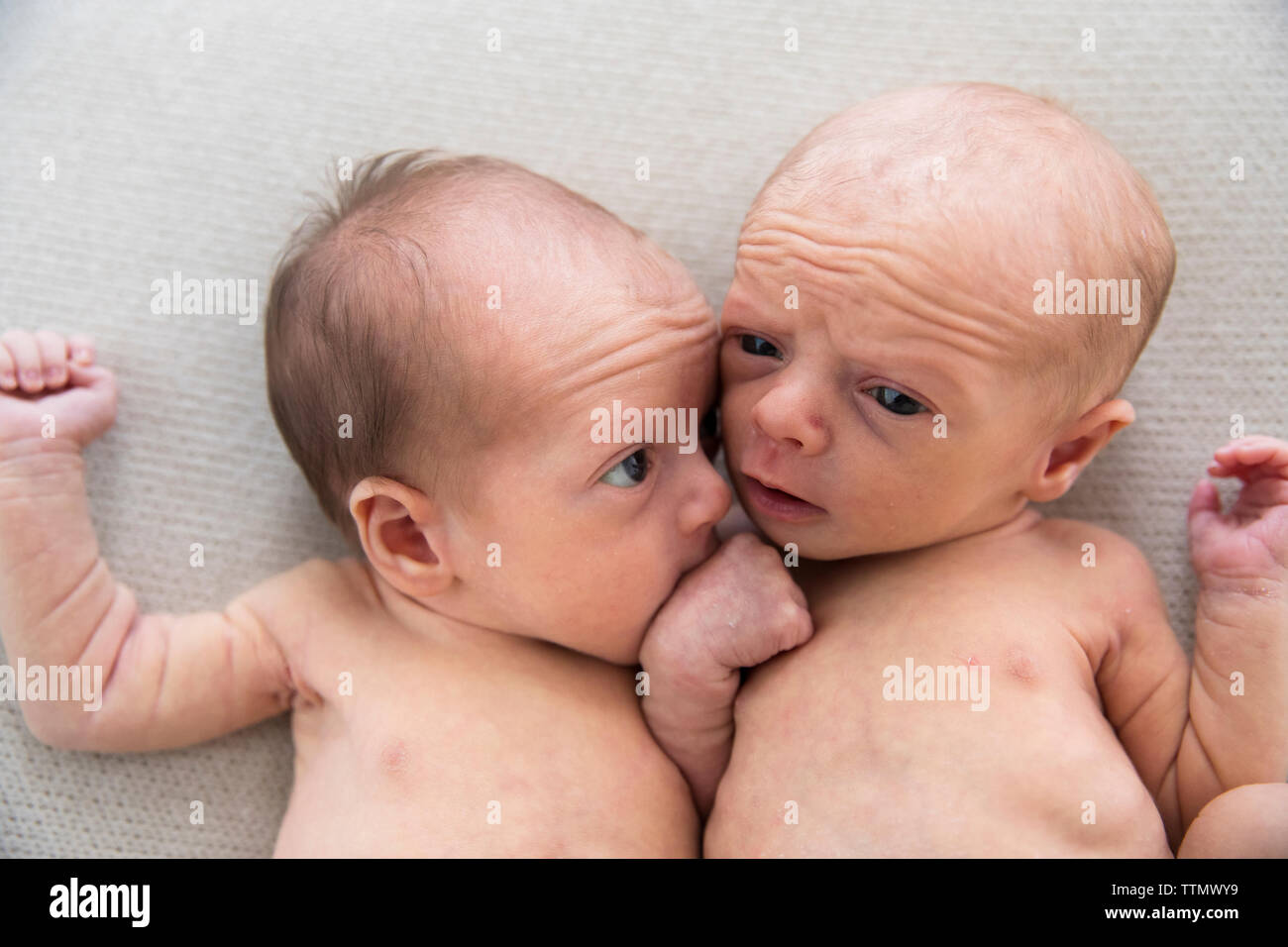 Silly neonato fraterna Twin ragazze su coltre bianca Foto Stock