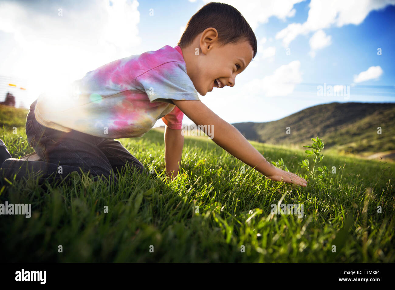 Felice ragazzo giocando sul campo erboso contro sky durante la giornata di sole Foto Stock