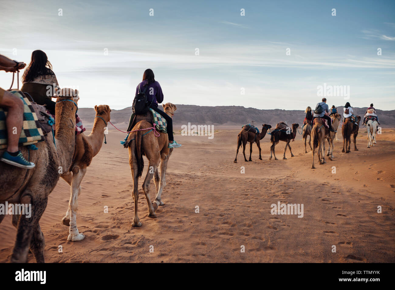 I turisti a cavallo di cammelli presso il desert contro sky Foto Stock