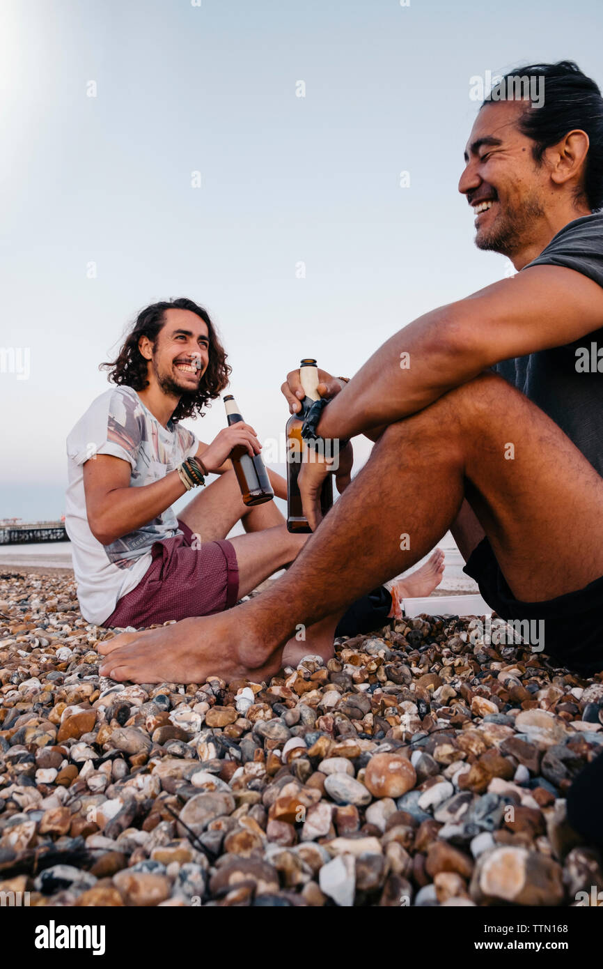 Allegro amici tenendo le bottiglie di alcol mentre è seduto sulla ghiaia a beach contro sky Foto Stock