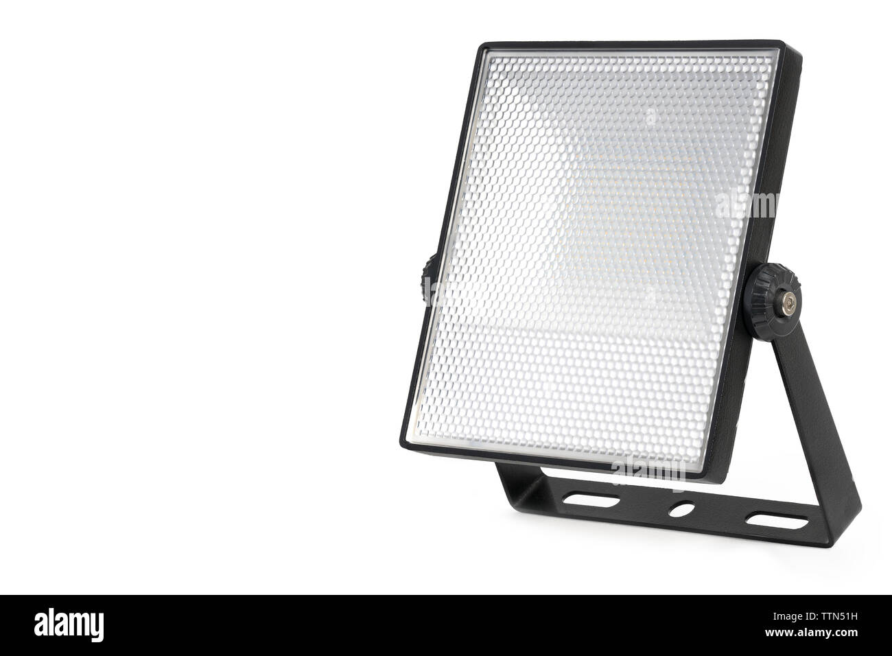 Faretto a LED e la staffa di montaggio su uno sfondo bianco. Senza diffusore di luce con piccole cellule. Una risoluzione alta. Foto Stock