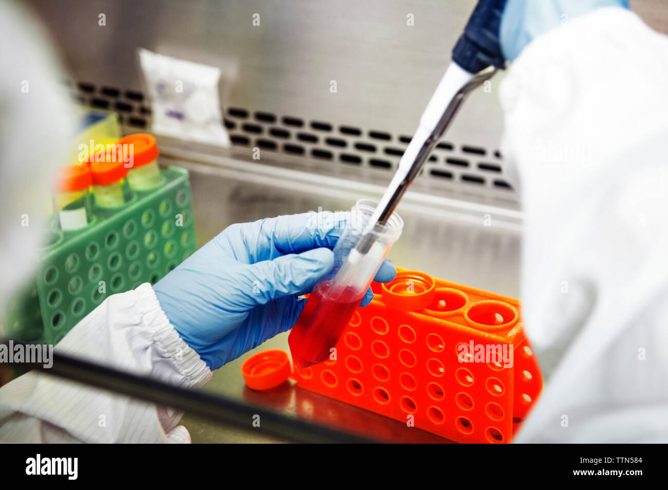 Immagine ritagliata di scienziato usando una pipetta durante l'esperimento in laboratorio Foto Stock