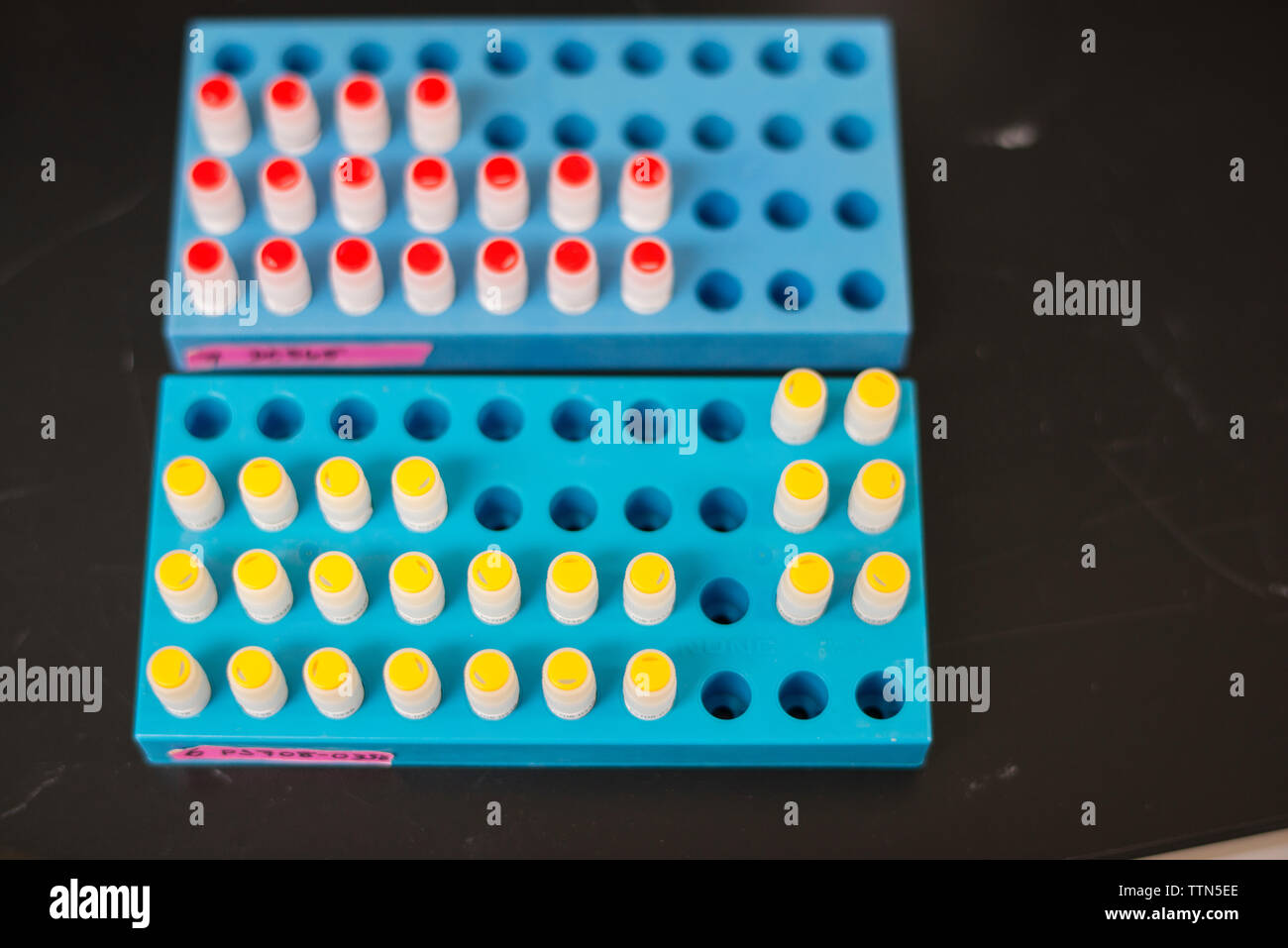 Elevato angolo di vista i campioni di medicinali nel contenitore sul tavolo in laboratorio Foto Stock