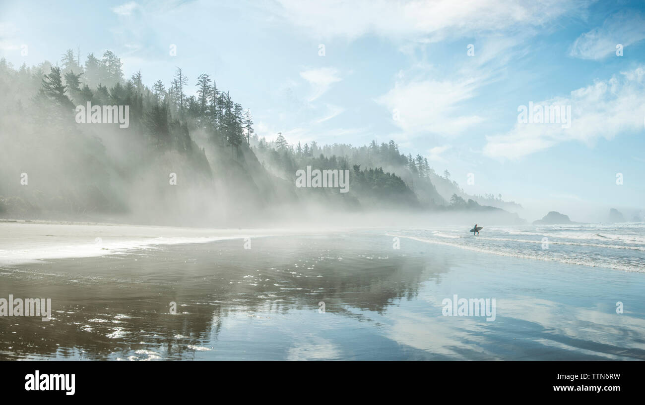 Idillica vista della spiaggia di indiani a Ecola State Park durante la nebbia meteo Foto Stock