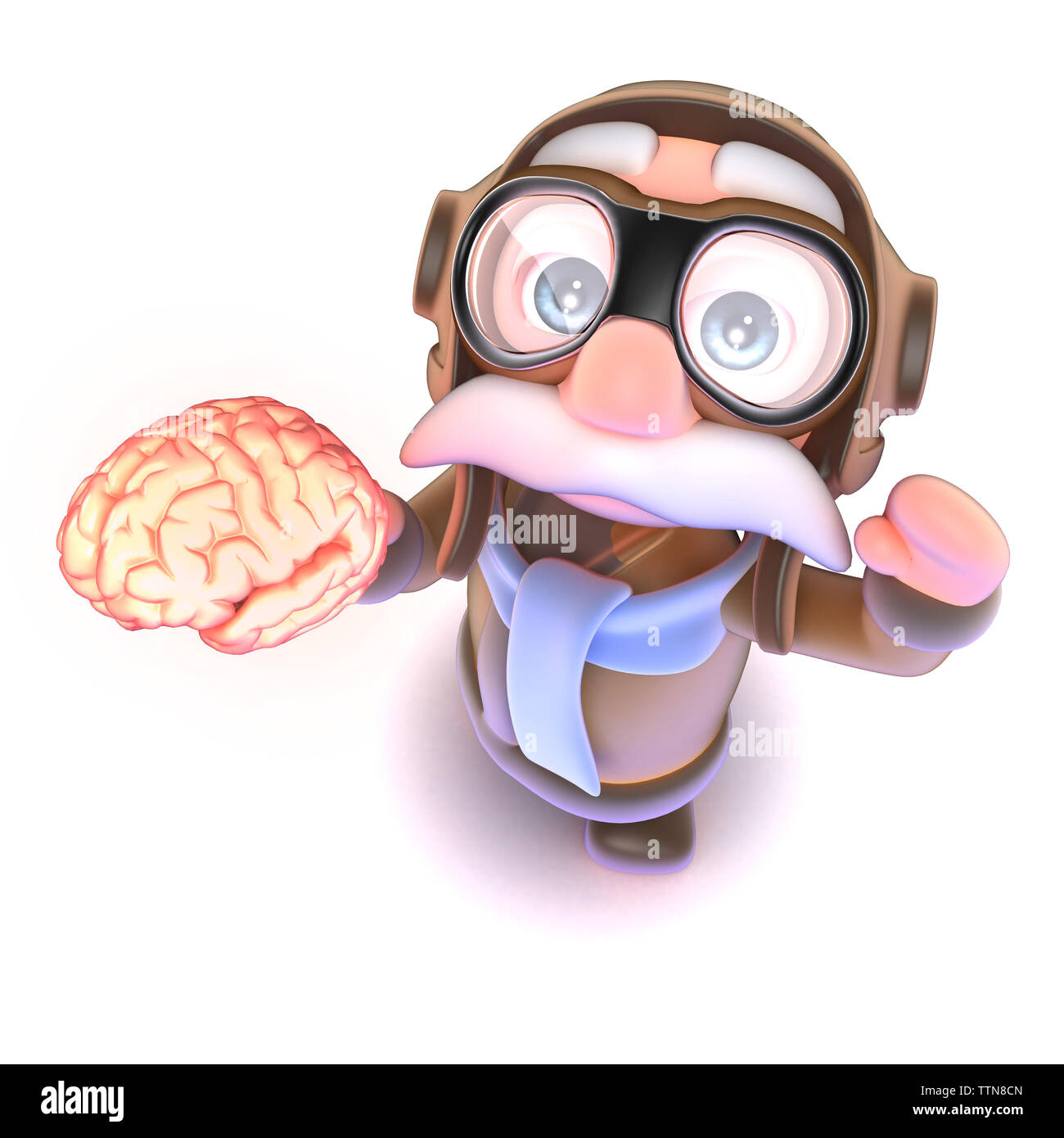 3D render di un simpatico cartoon compagnia aerea carattere pilota tenendo un cervello umano Foto Stock