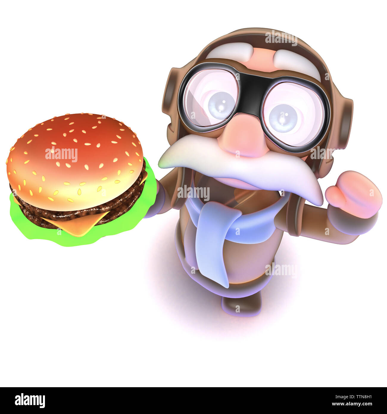 3D render di un simpatico cartoon compagnia aerea carattere pilota tenendo un formaggio hamburger fast food snack Foto Stock