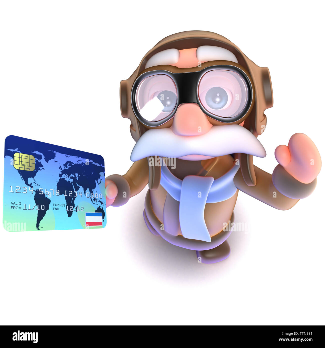 3D render di un simpatico cartoon pilota di carattere airman titolari di una carta di credito Foto Stock