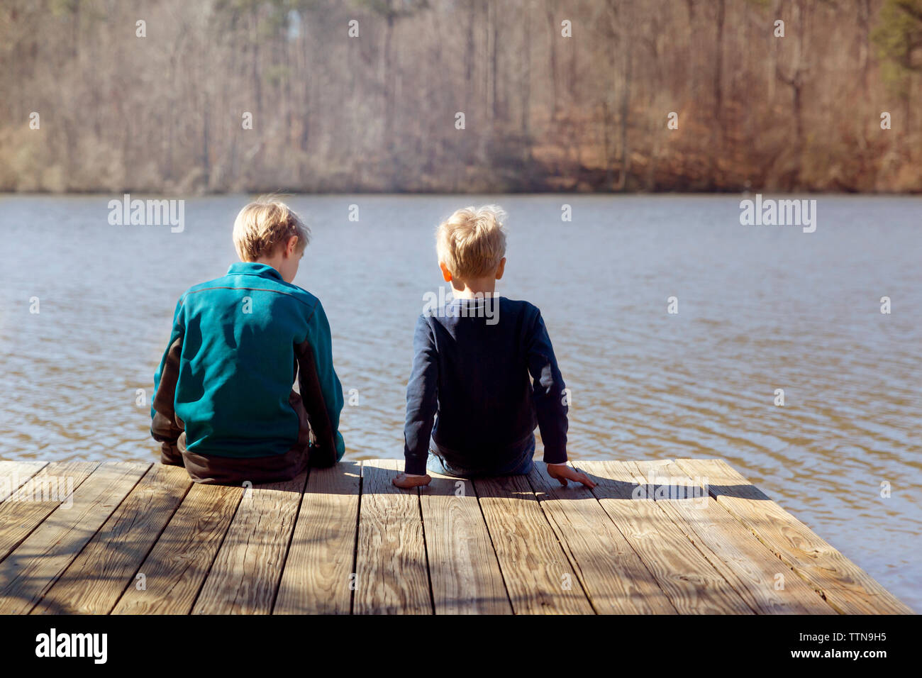 Vista posteriore del ragazzo seduto sul molo sul lago Foto Stock