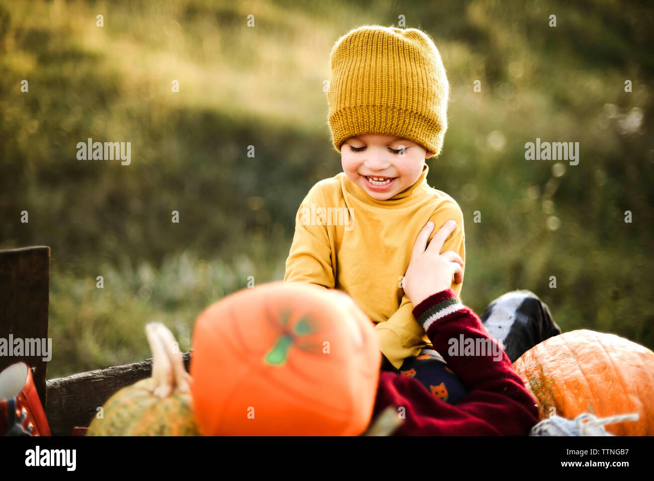 Un bambino gioca con il suo fratello seduto in un carrello sul campo. Foto Stock