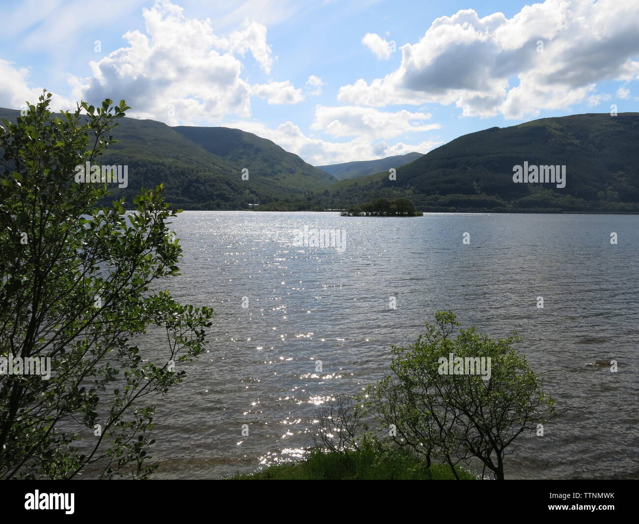Scozia scenario al suo meglio: una vista di Loch Lomond, le montagne e la costa rocciosa, prese a Rowardennan su un soleggiato giorno di giugno, 2019 Foto Stock