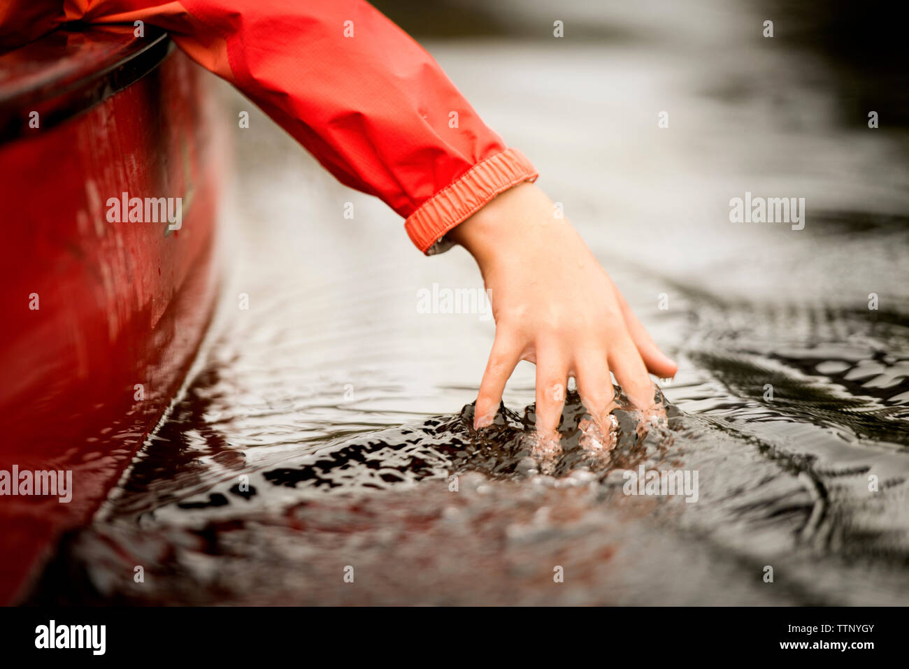 Ritagliate la mano della ragazza di toccare l'acqua durante il viaggio in barca sul fiume Foto Stock