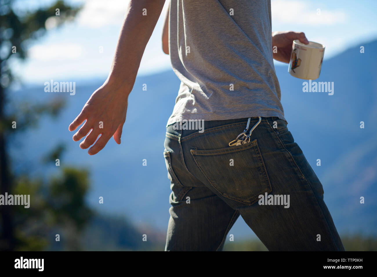 Sezione mediana di uomo con tazza di caffè mentre si cammina nel bosco durante la giornata di sole Foto Stock