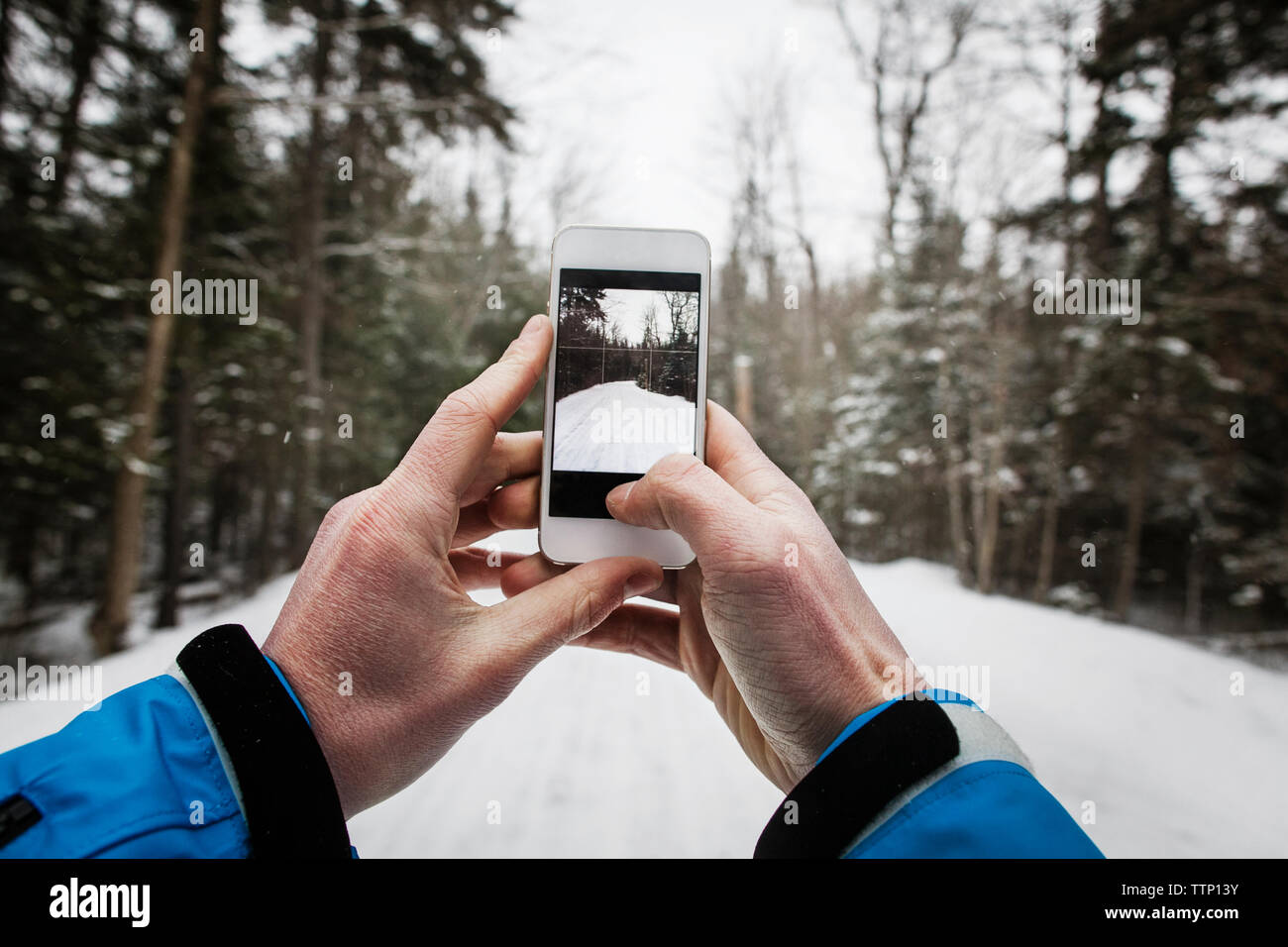 Immagine ritagliata di mano fotografare coperta di neve percorso con il telefono cellulare Foto Stock