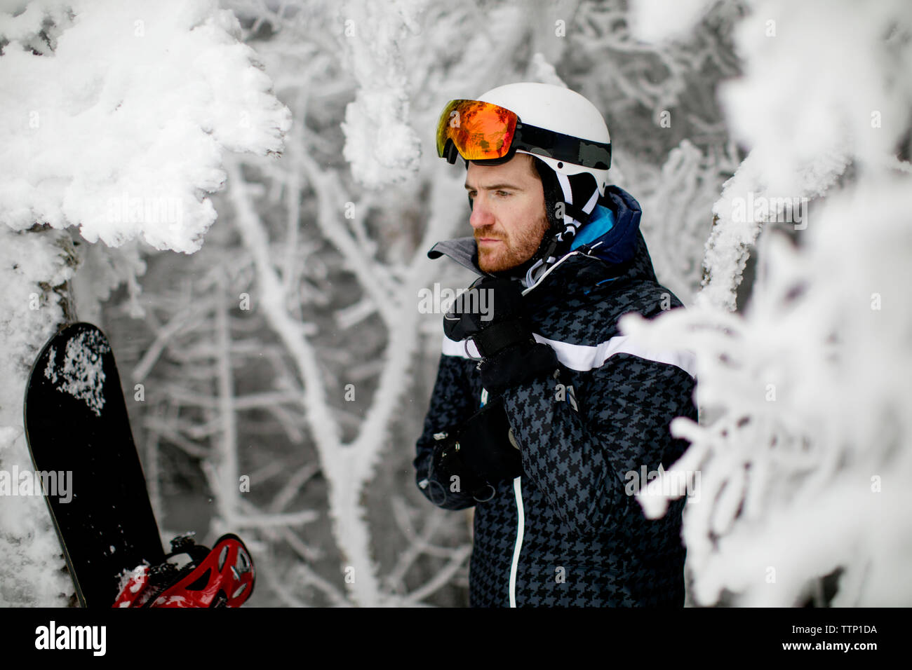 Fiducioso uomo che indossa il casco sci stando in piedi in mezzo di alberi  congelati durante il periodo invernale Foto stock - Alamy