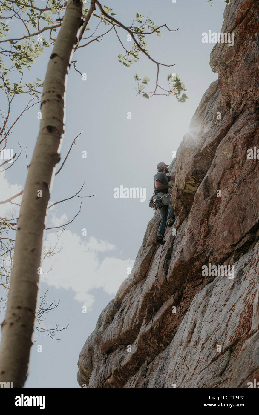 Basso angolo di visione dell'uomo arrampicata in montagna contro sky Foto Stock