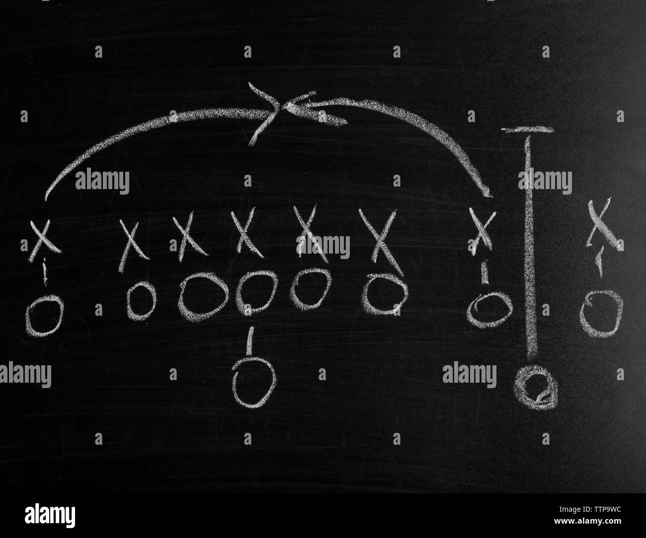 Il football americano gioco strategia scritto con un gessetto sulla lavagna Foto Stock