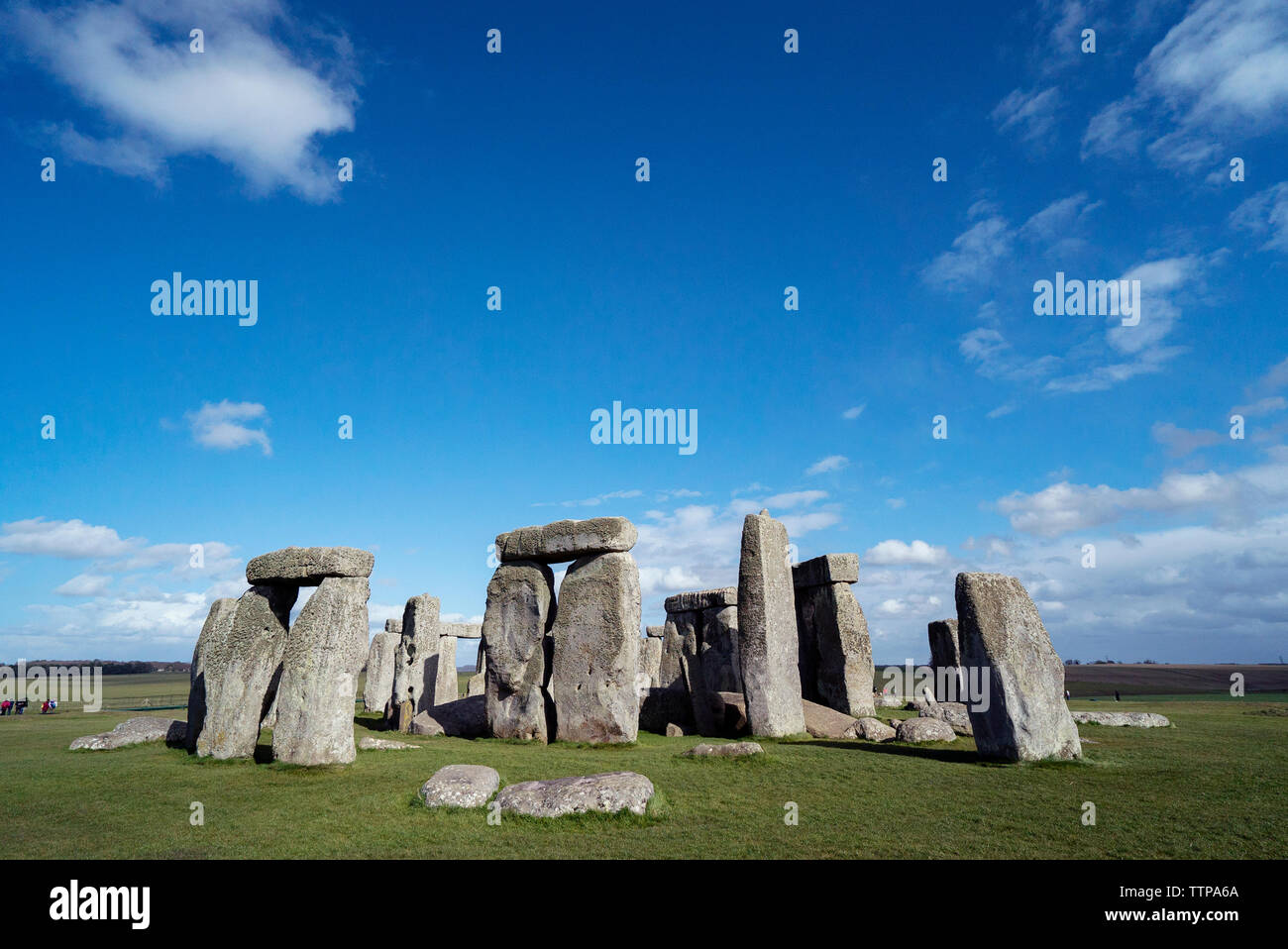 Storica Stonehenge sul campo contro il cielo nuvoloso Foto Stock