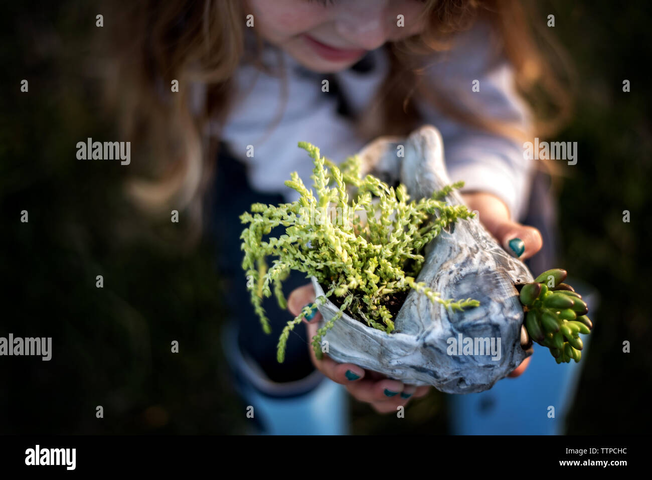 Little Girl holding e sorridente al green di piante succulente Foto Stock