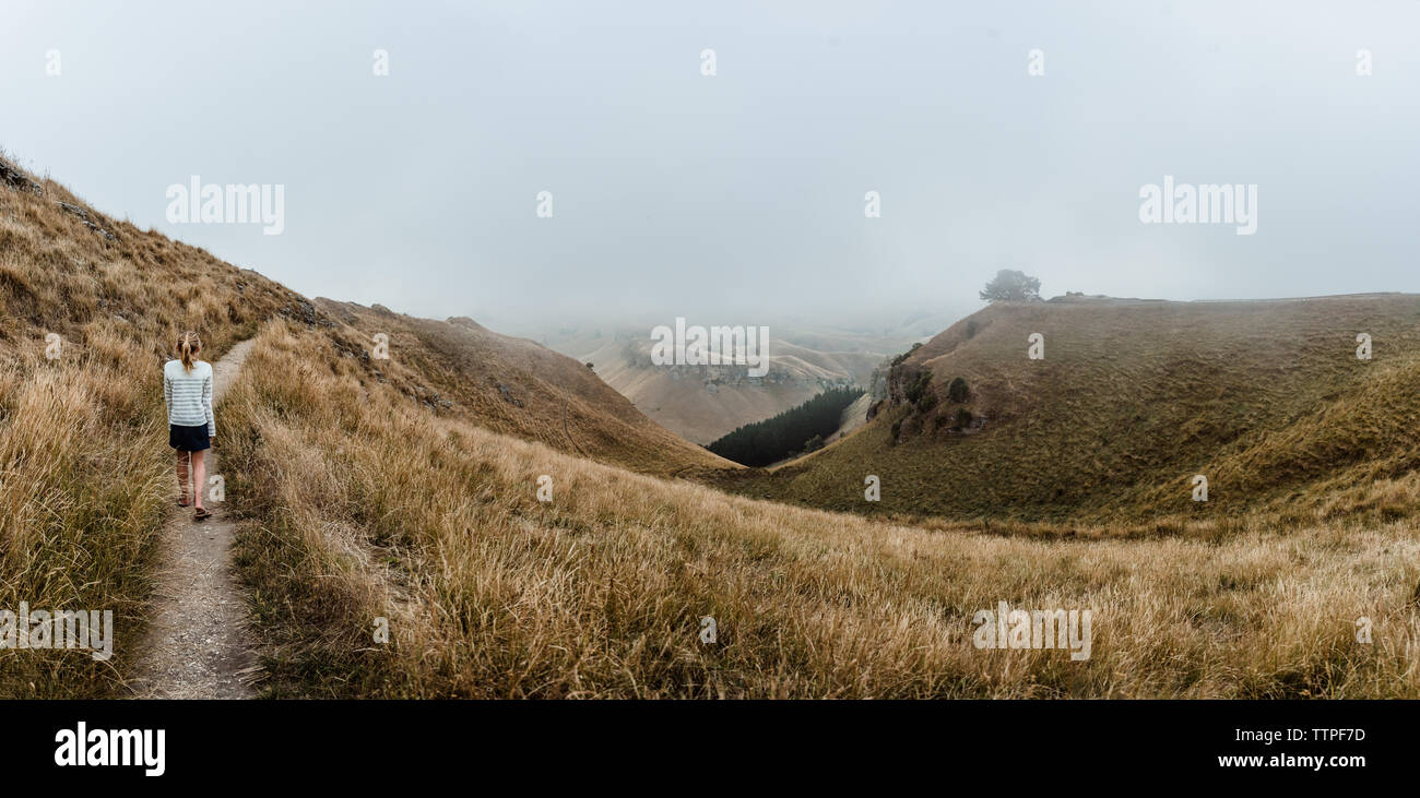 Vista panoramica della ragazza camminare su un percorso nella nebbia in Nuova Zelanda Foto Stock