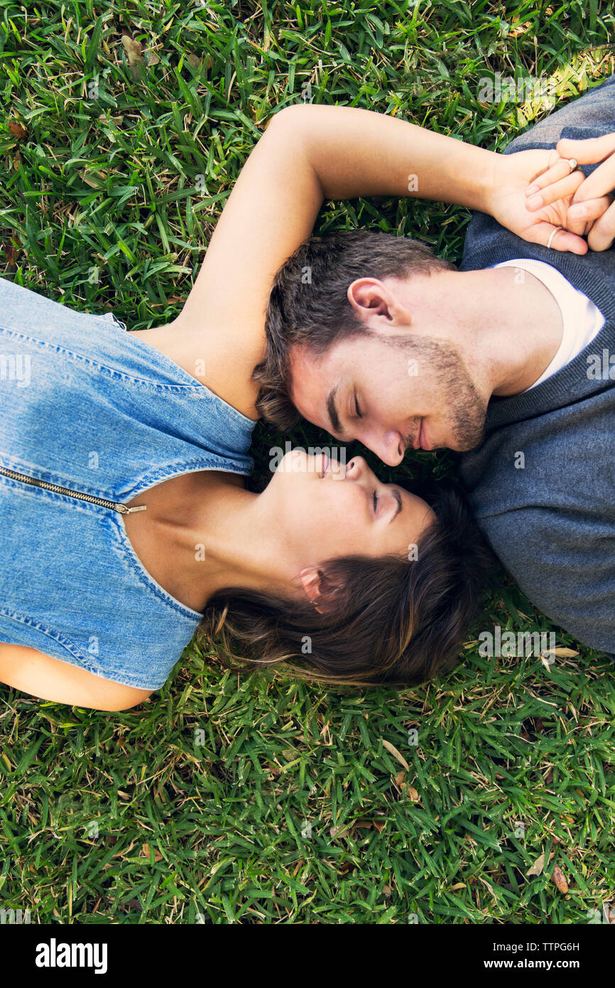 Vista aerea della coppia romantica sdraiati sull'erba Foto Stock