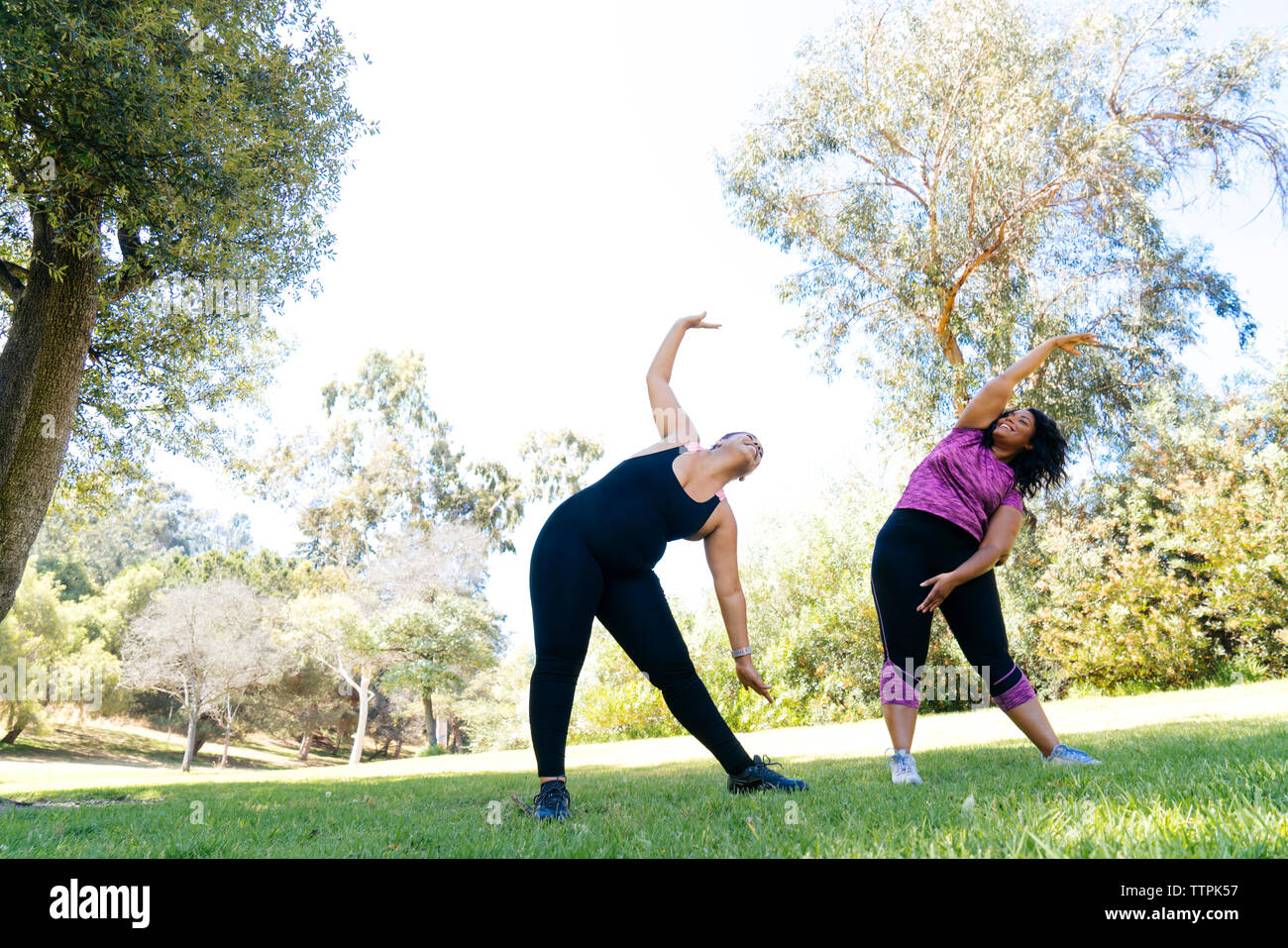 Basso angolo vista di amiche lo stiramento durante l esercizio presso il park contro sky Foto Stock