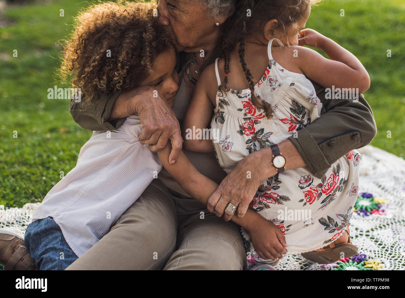 Nonna abbracciando nipoti sulla coperta picnic al parco Foto Stock