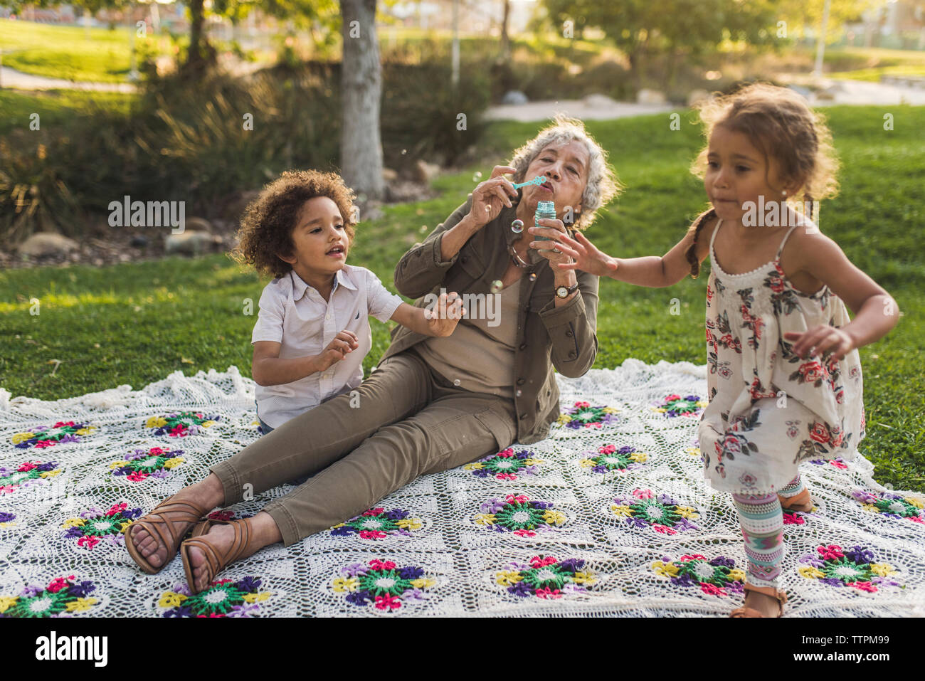 Nonna soffiare bolle durante la riproduzione con i nipoti sulla coperta picnic al parco Foto Stock