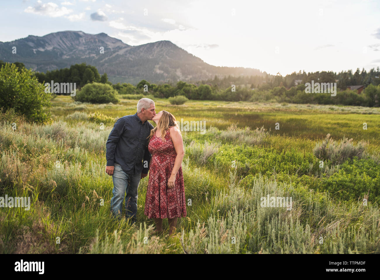 Coppia romantica baciare mentre si sta in piedi sul campo erboso contro sky in foresta Foto Stock