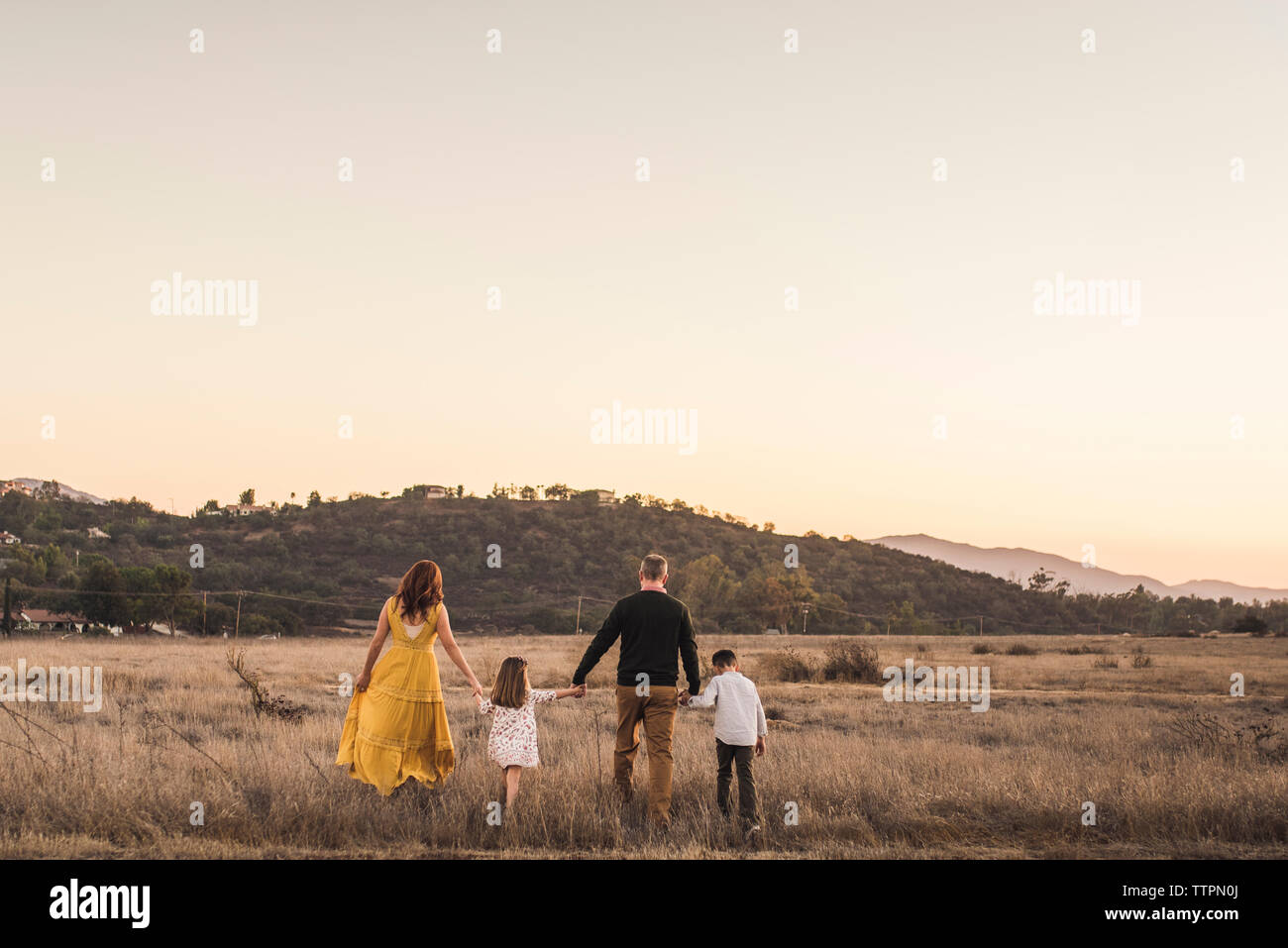 Famiglia giovane tenendo le mani durante la camminata di distanza nel campo della California Foto Stock