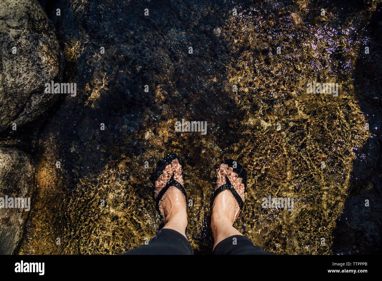 Sezione bassa della donna in piedi nel flusso Foto Stock